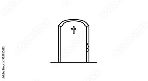 Simple Line Drawing of a Tombstone with a Cross, Cemetery Icon, Funeral Symbol
