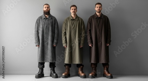 Three men standing in a row wearing different colored coats and boots on a gray background