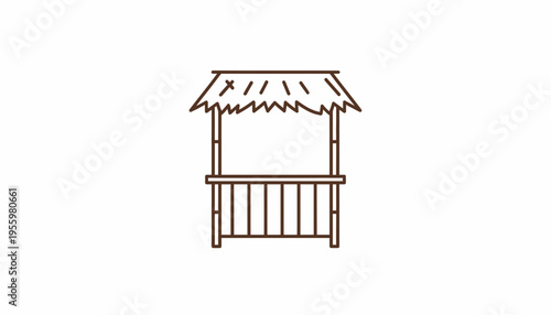 Simple Line Drawing of a Tropical Tiki Hut Bar with Thatched Roof