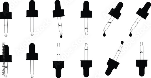 Medical dropper silhouette set with glass pipettes and liquid droplets for laboratory science pharmacy and skincare essential oil packaging design,