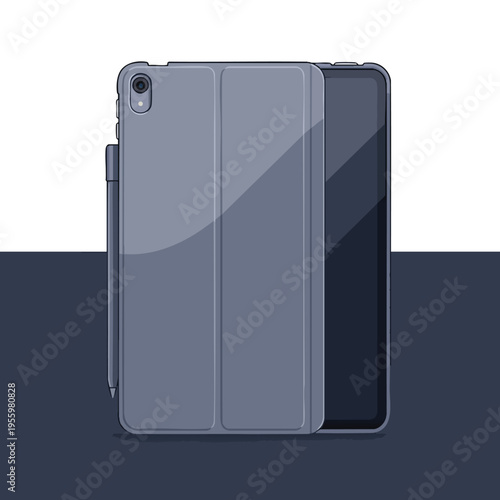 Gray tablet with cover and stylus attached