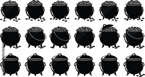 Leprechaun pot of gold silhouettes, Saint Patrick's Day cauldron icons, Irish folklore treasure symbols, black kettle with coins, holiday flat design.