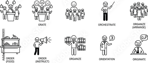 Business management line icons set leadership teamwork organization workflow instruction orientation originate vector illustration