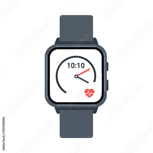 A gray smartwatch displays the time "1010" and a red heart rate icon