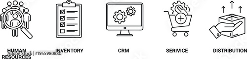 Business management outline icons human resources inventory CRM service distribution vector set