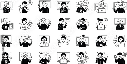 Business people avatar icons set with professionals communication presentation laptop and office line vector illustration