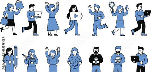 Business people activities icons set with characters working running celebrating searching and using laptop flat vector illustration