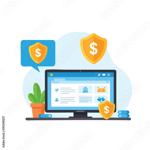 Digital security shield with dollar sign protects finances on computer screen