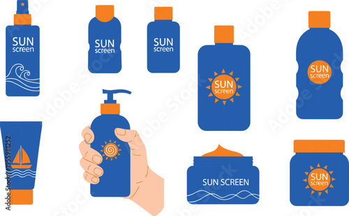 Sunscreen bottle vector set, sun protection cream icons, summer skincare products, blue lotion containers, uv blocker spray, hand holding sunblock, cosmetic flat illustration.