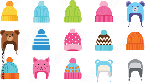 Winter knitted hat vector collection with pompom beanies animal ear flaps and colorful patterns for cold weather fashion icons set