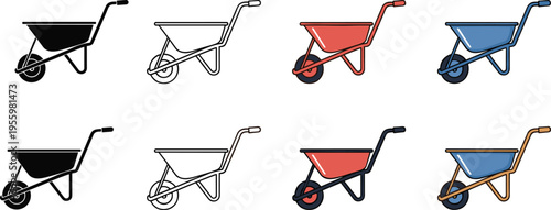 Wheelbarrow vector icon set, garden trolley silhouettes, construction cart symbols, farming equipment graphics, colorful wheelbarrow flat illustrations, outdoor garden tool collection.