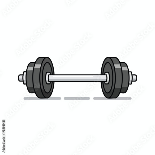 A gray barbell with black weights rests on a white surface