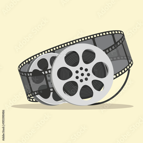 Two vintage film reels with perforations and a strip of film on a light yellow background