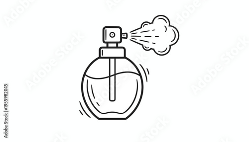 Perfume bottle spraying mist, minimalist line art icon, beauty and fragrance concept