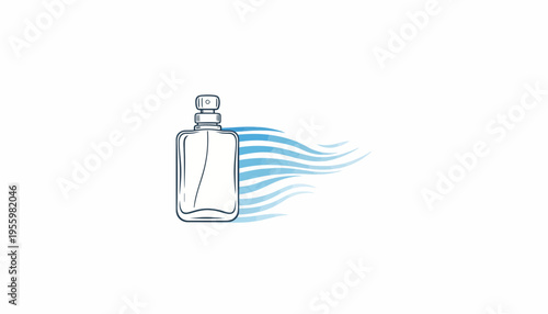 Perfume bottle with abstract blue waves representing fragrance, isolated on white background.