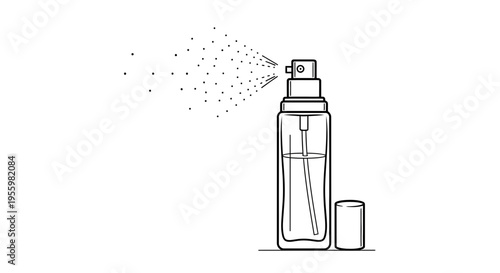 Perfume spray bottle dispensing mist, minimalist line art illustration