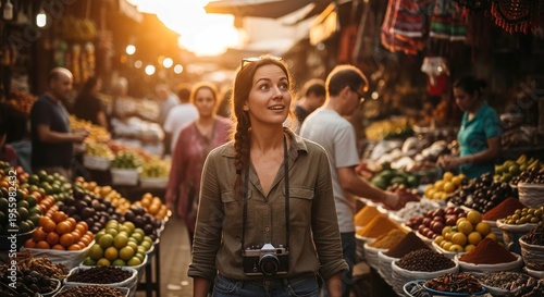 Enthusiastic woman exploring bustling market, expressing wonder and curiosity.