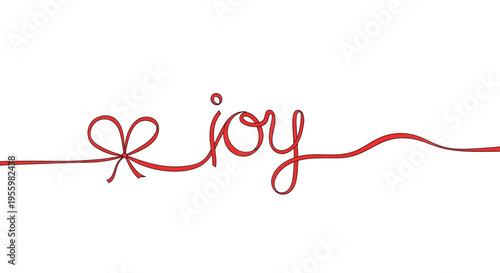 Red ribbon forming the word "Joy" with a bow, isolated on white background