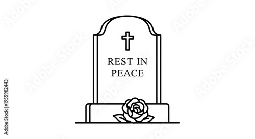 Rest in Peace Gravestone with Rose, Christian Cross, Funeral Symbol, Mourning