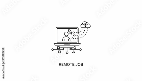 Remote Work Icon: Laptop with Person, Cloud Connection, and Network Symbols