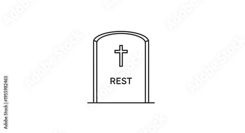 Rest in Peace Tombstone with Cross and Word REST - Line Art Icon
