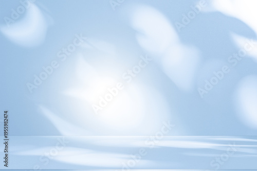 Wall interior background, studio and backdrops show products.with shadow from window color white and blue background for text insertion and presentation product	
