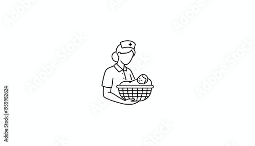 Nurse Holding Newborn Baby in Basket, Medical Care, Healthcare, Maternity Icon