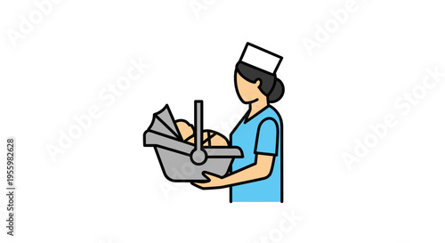 Nurse Holding Newborn Baby in Basket, Healthcare, Maternity, Newborn Care Concept