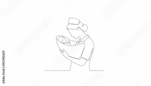 Nurse Holding Newborn Baby in Continuous Line Art Style