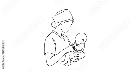 Nurse holding newborn baby with care, medical professional and infant illustration