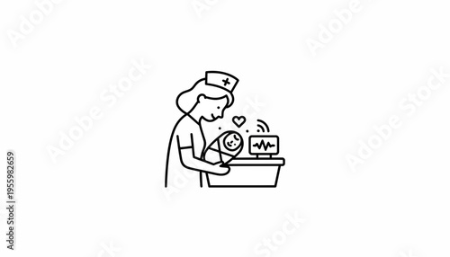 Nurse holding newborn baby with monitoring equipment, medical care, digital health concept