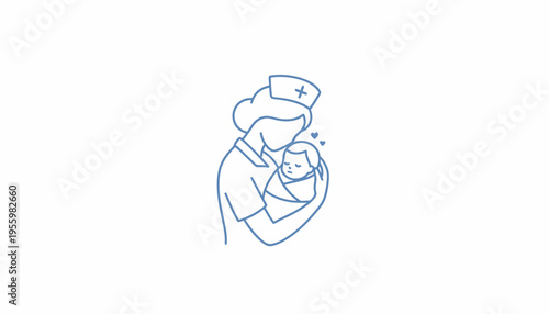 Nurse holding newborn baby, care and love, medical symbol, line art illustration