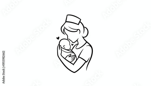 Nurse holding newborn baby with love, medical care, motherhood, gentle touch, caring profession