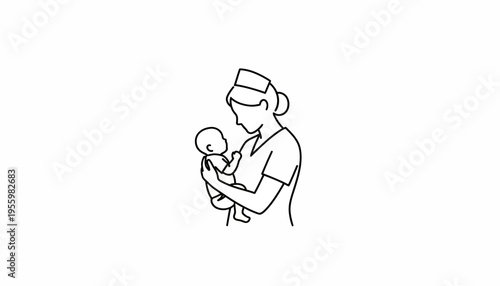 Nurse holding newborn baby, medical care, maternity, healthcare, love, gentle touch, line art
