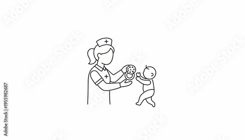 Nurse playing with baby, holding a rattle, line art, healthcare, child development