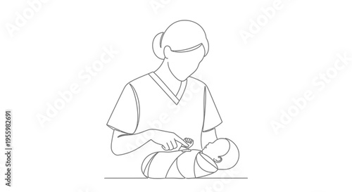 Nurse or doctor examining newborn baby, medical care, healthcare, single line drawing