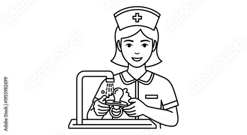 Nurse washing baby pacifier under running water at sink, hygiene concept
