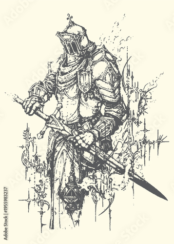 Detailed vintage sketch of a heavily armored knight with a sword and shield, standing stoically in a dark, gritty style