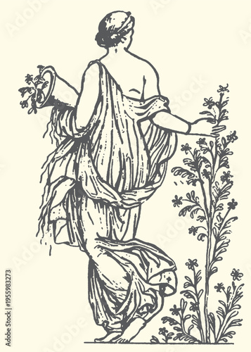 Classical illustration of a woman in a toga, holding a basket of flowers, in a style reminiscent of ancient Greek art