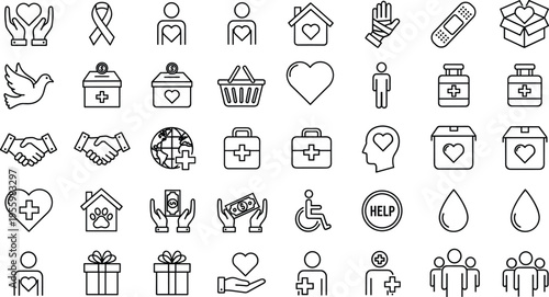 Charity healthcare outline icons set donation support medical help vector