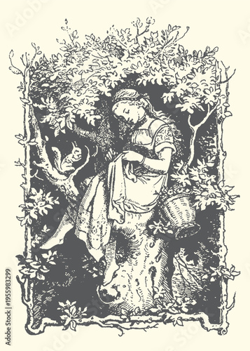 Enchanting vintage illustration of a woman resting in a tree, surrounded by foliage, with a fairy-tale aesthetic