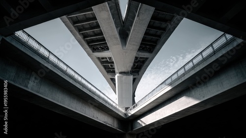 Black and white photo of a massive overpass captured from below