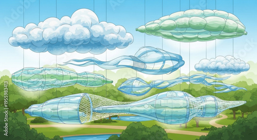 Plastic bottles and clouds suspended in air eco friendly concept with green landscape and blue sky
