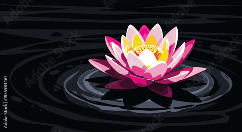 Vibrant pink lotus flower blooms on serene dark water with ripples