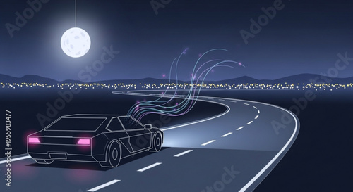 A sleek black sports car speeds along a winding road at night under a full moon with motion lines indicating high speed and a city skyline