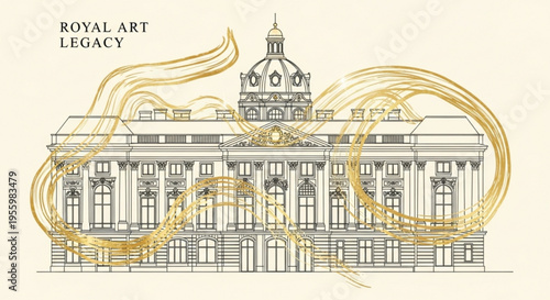 Elegant royal palace building with gold accents and ornate architecture in cream background