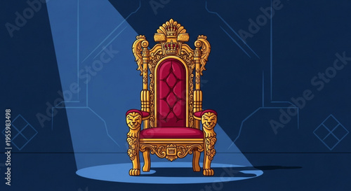 Luxurious gold throne chair with red velvet seat and backrest ornate carvings lion head armrests spotlight on blue background