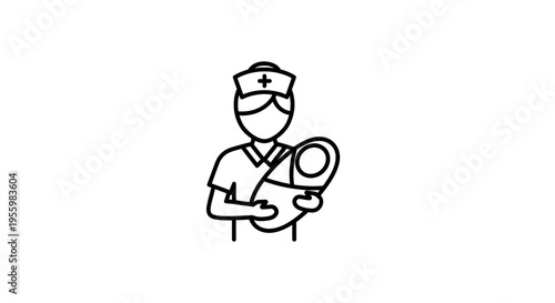 Nurse holding a newborn baby icon, medical care and maternity symbol