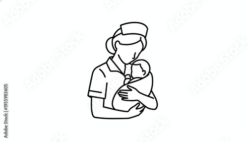 Nurse holding a newborn baby in her arms, line art illustration
