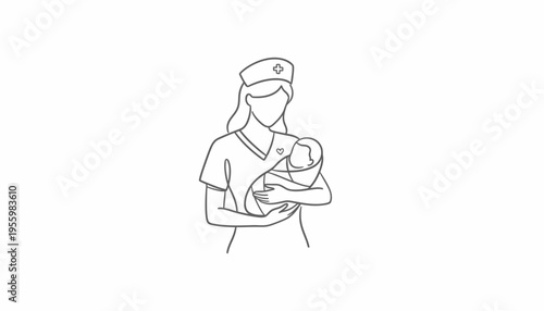 Nurse holding a newborn baby in her arms, line art illustration, medical care concept